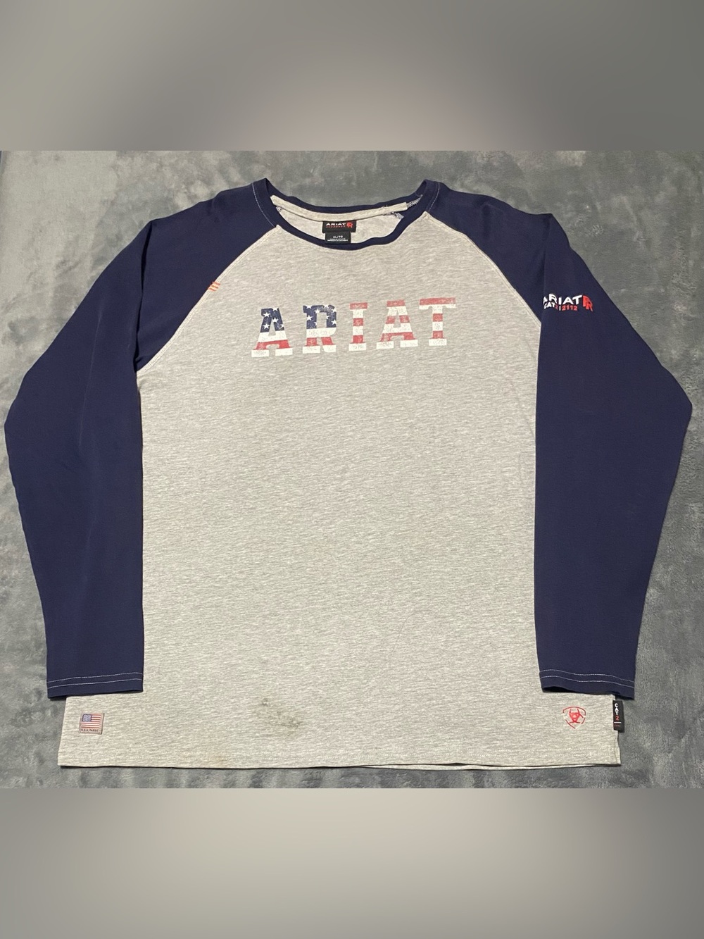 Ariat Men's Navy & Gray Long Sleeve Raglan Tee with Flag Logo